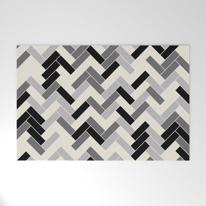Black Gray Ivory Herringbone Pattern Pairs Valspar 2023 COTY Cozy White 3008-10C Welcome Mat Gallery Image 1