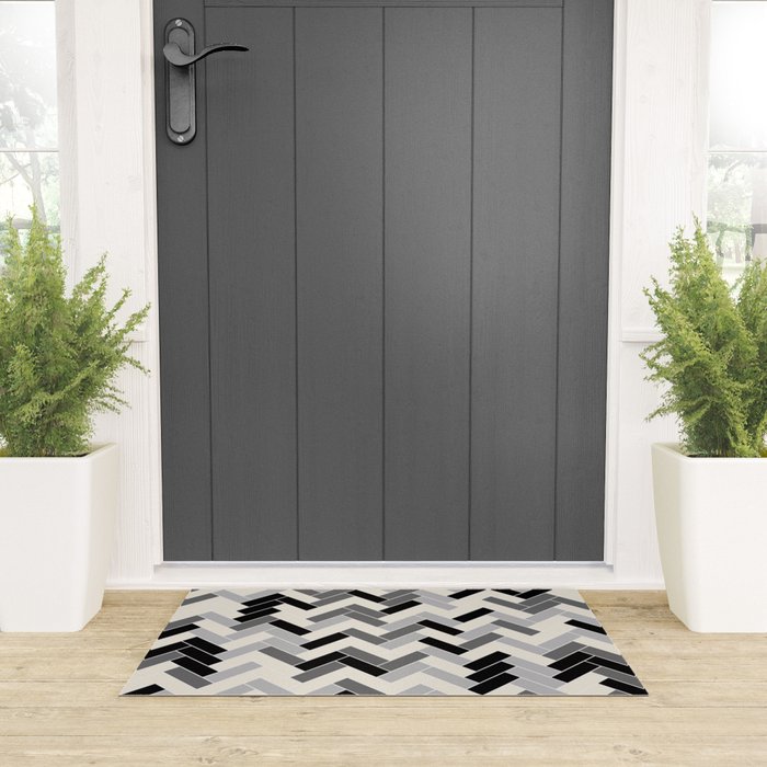 Black Gray Ivory Herringbone Pattern Pairs Valspar 2023 COTY Cozy White 3008-10C Welcome Mat Gallery Image 3