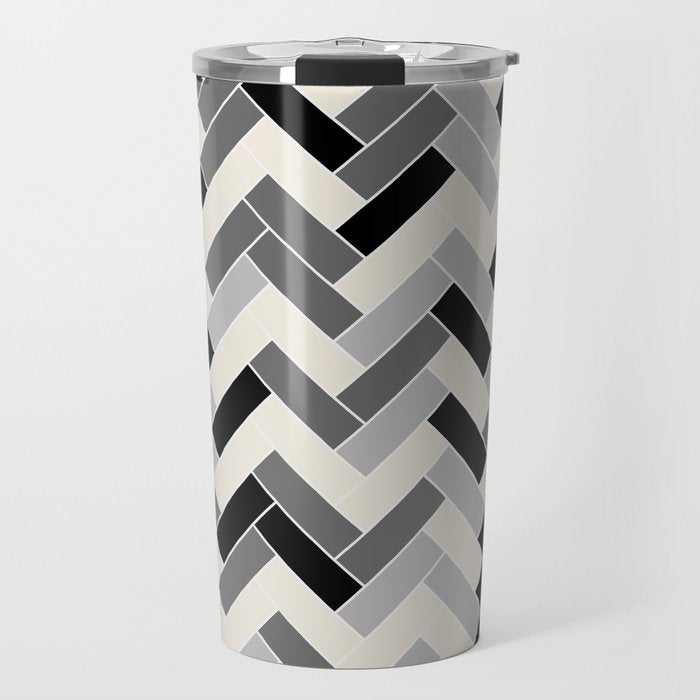 Black Gray Ivory Herringbone Pattern Pairs Valspar 2023 COTY Cozy White 3008-10C Travel Mug Gallery Image 1