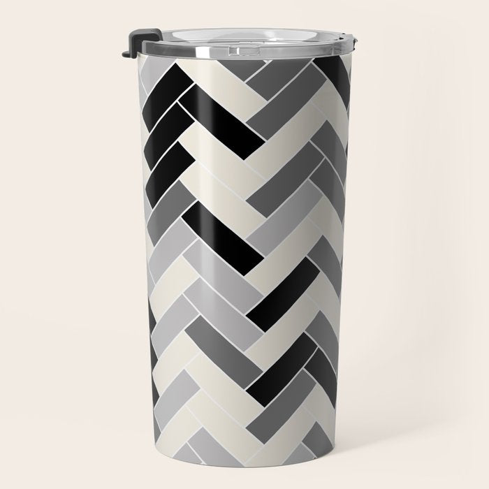 Black Gray Ivory Herringbone Pattern Pairs Valspar 2023 COTY Cozy White 3008-10C Travel Mug Gallery Image 3