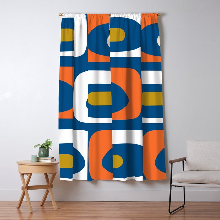 Mid Century Modern Minimalist Retro Abstract Piquet Pattern in Vintage Blue Orange Mustard White Window Curtain Gallery Image 5
