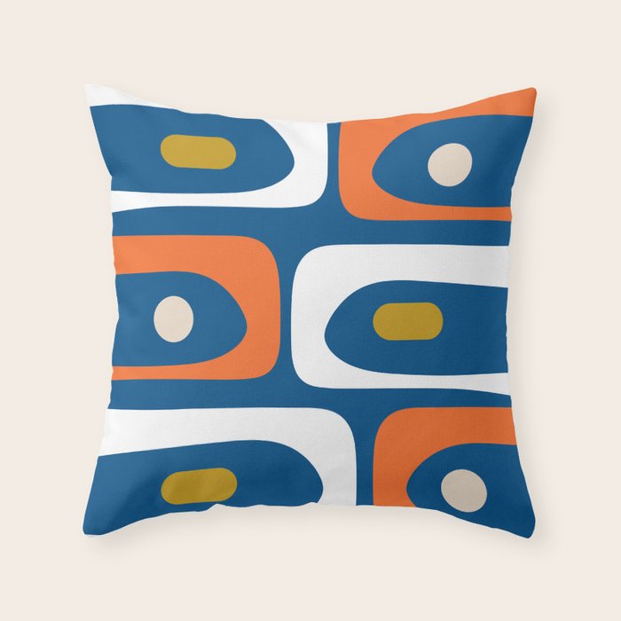 Mid Century Modern Minimalist Retro Abstract Piquet Pattern in Vintage Blue Orange Mustard White Throw Pillow Gallery Image 6