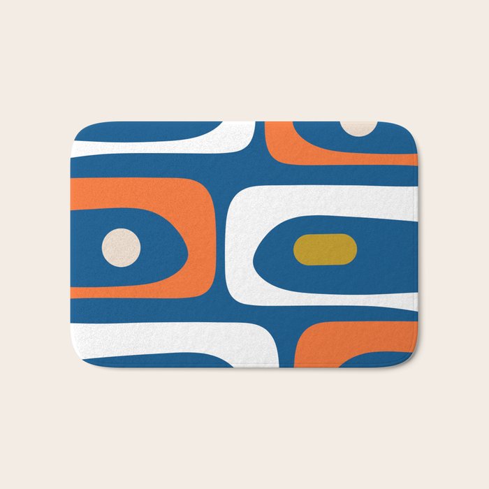Mid Century Modern Minimalist Retro Abstract Piquet Pattern in Vintage Blue Orange Mustard White Bath Mat Gallery Image 1