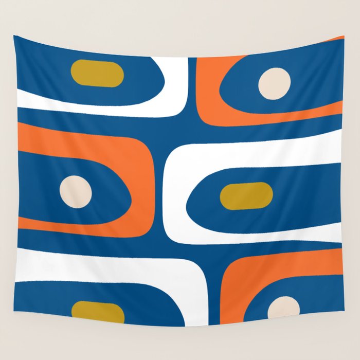 Mid Century Modern Minimalist Retro Abstract Piquet Pattern in Vintage Blue Orange Mustard White Wall Tapestry Gallery Image 4