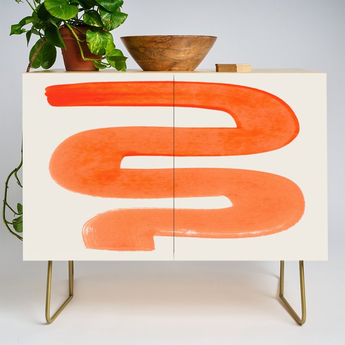 Mid Century Modern Abstract Minimalist Abstract Vintage Retro Orange Watercolor Brush Strokes Credenza Gallery Image 1