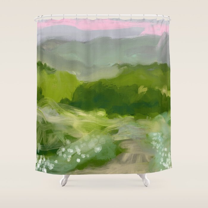 green abstract landscape art Shower Curtain Gallery Image 1