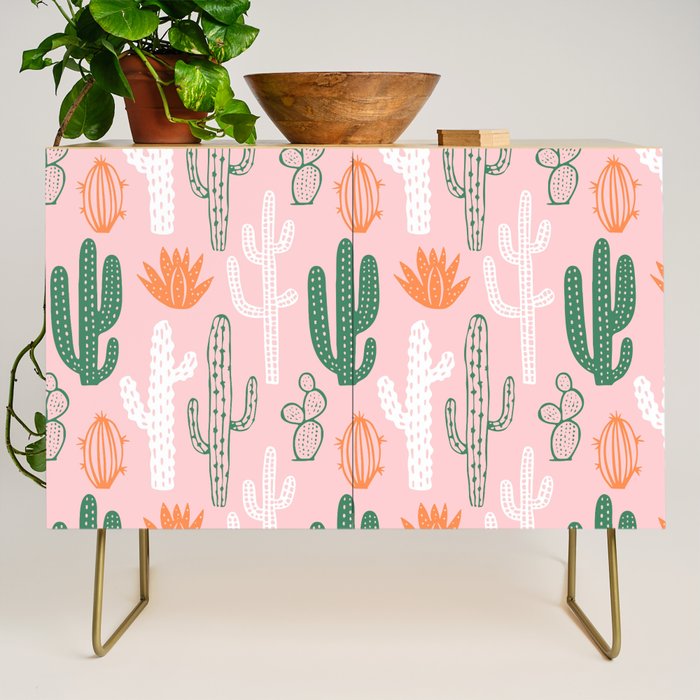 Retro hand drawn cactus plant pattern Credenza Gallery Image 1