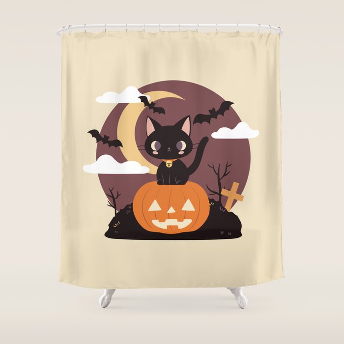 Spooky Cat on a Pumpkin Shower Curtain Gallery Image 1