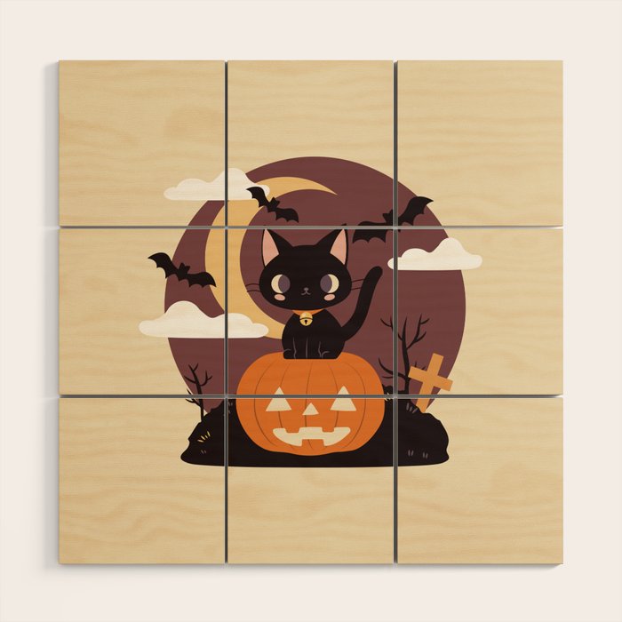 Spooky Cat on a Pumpkin Wood Wall Art Gallery Image 1