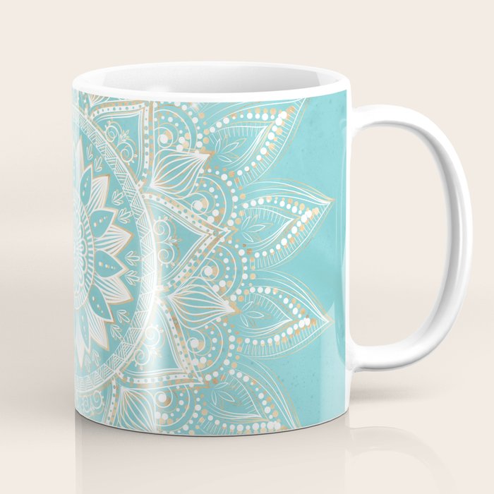 Elegant White Gold Mandala Sky Blue Coffee Mug Gallery Image 1