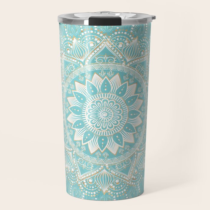 Elegant White Gold Mandala Sky Blue Travel Mug Gallery Image 1