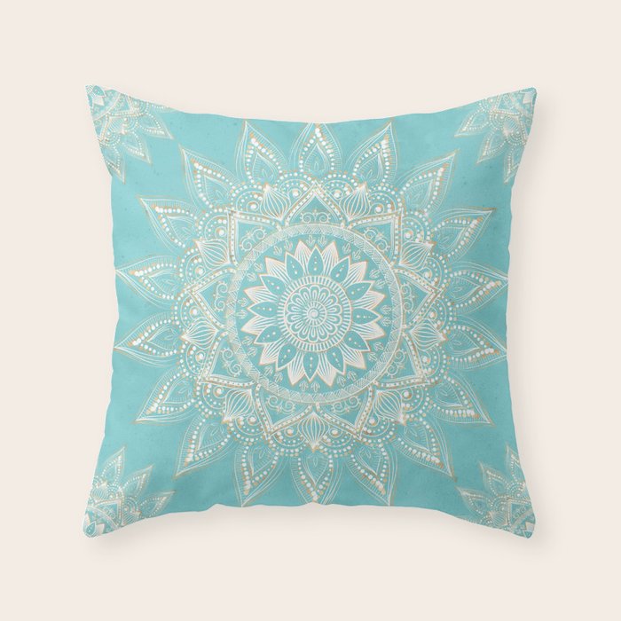 Elegant White Gold Mandala Sky Blue Throw Pillow Gallery Image 6