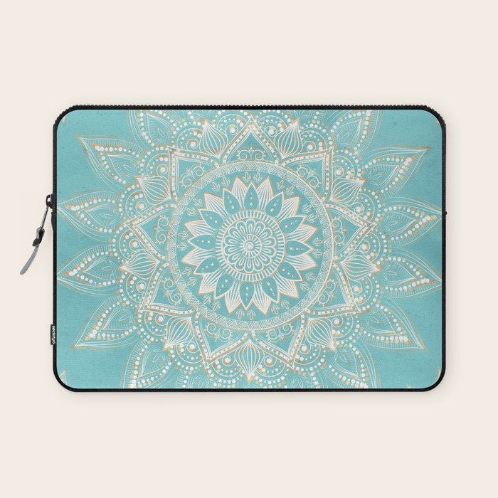Elegant White Gold Mandala Sky Blue Laptop Sleeve Gallery Image 1