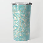 Elegant White Gold Mandala Sky Blue Travel Mug Gallery Image 2