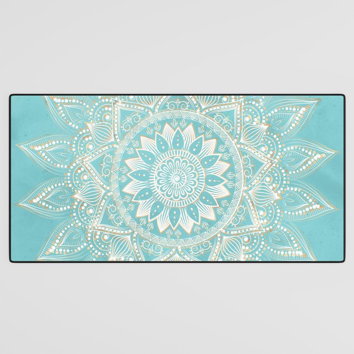 Elegant White Gold Mandala Sky Blue Desk Mat Gallery Image 3