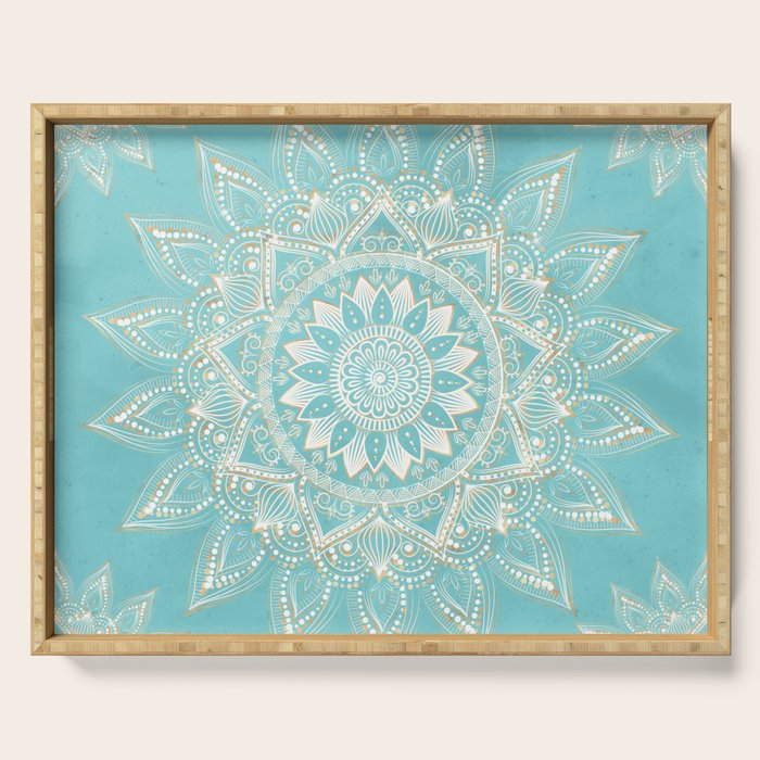 Elegant White Gold Mandala Sky Blue Serving Tray Gallery Image 1