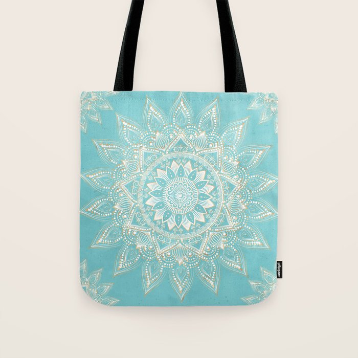 Elegant White Gold Mandala Sky Blue Tote Bag Gallery Image 1
