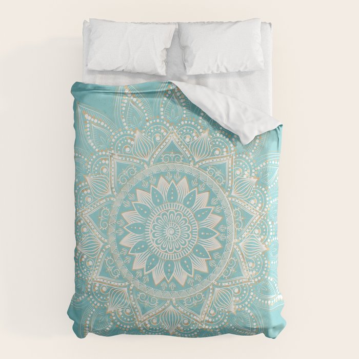 Elegant White Gold Mandala Sky Blue Duvet Cover Gallery Image 1