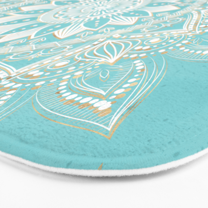 Elegant White Gold Mandala Sky Blue Bath Mat Gallery Image 3