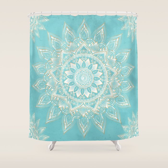 Elegant White Gold Mandala Sky Blue Shower Curtain Gallery Image 1