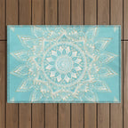Elegant White Gold Mandala Sky Blue Outdoor Rug Gallery Image 1