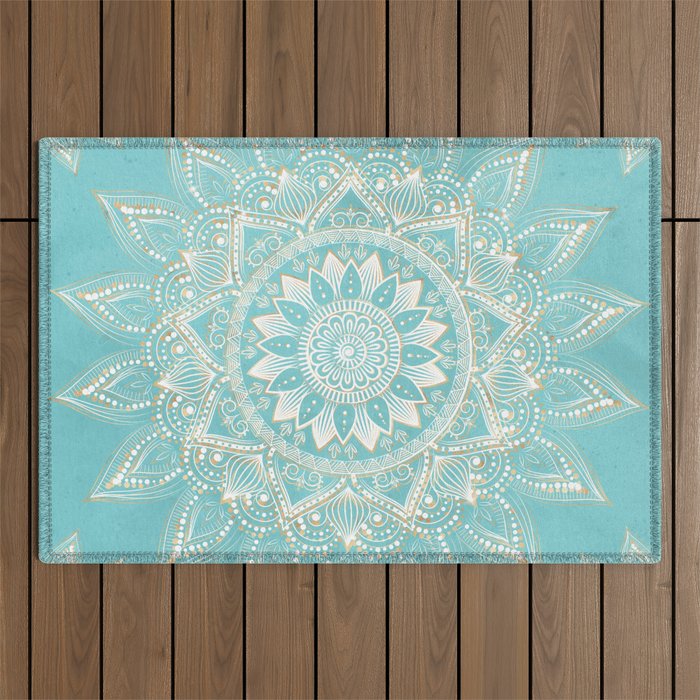 Elegant White Gold Mandala Sky Blue Outdoor Rug Gallery Image 1