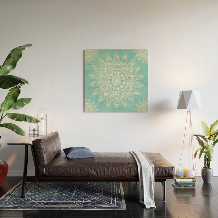 Elegant White Gold Mandala Sky Blue Wood Wall Art Gallery Image 2
