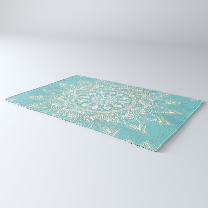 Elegant White Gold Mandala Sky Blue Rug Gallery Image 3