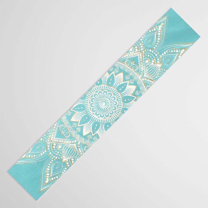 Elegant White Gold Mandala Sky Blue Table Runner Gallery Image 3