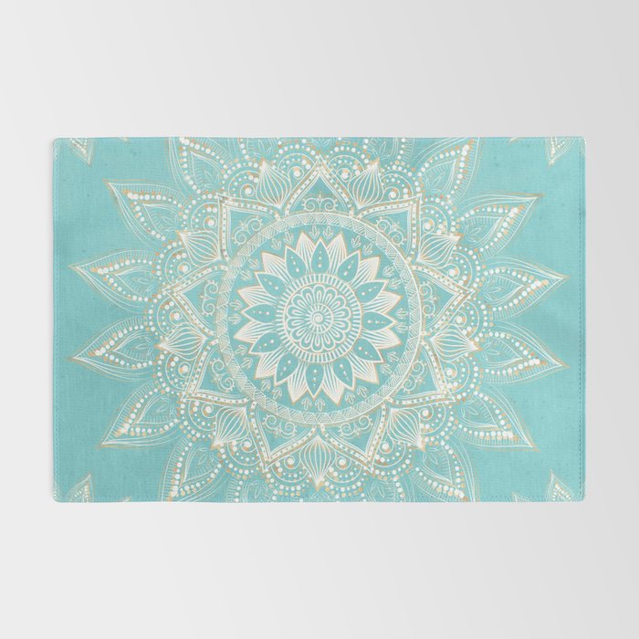 Elegant White Gold Mandala Sky Blue Rug Gallery Image 2