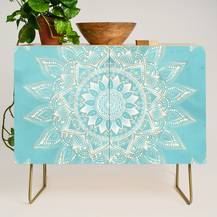 Elegant White Gold Mandala Sky Blue Credenza Gallery Image 1