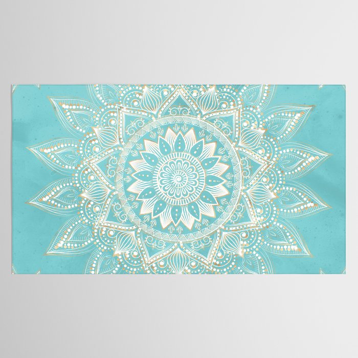Elegant White Gold Mandala Sky Blue Tablecloth Gallery Image 2
