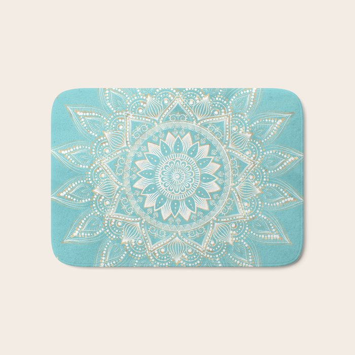 Elegant White Gold Mandala Sky Blue Bath Mat Gallery Image 1