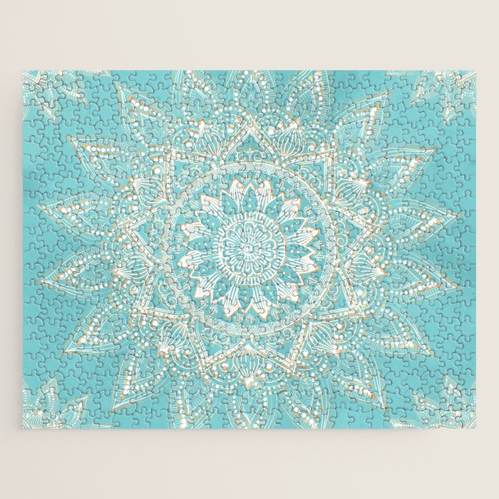 Elegant White Gold Mandala Sky Blue Jigsaw Puzzle Gallery Image 1