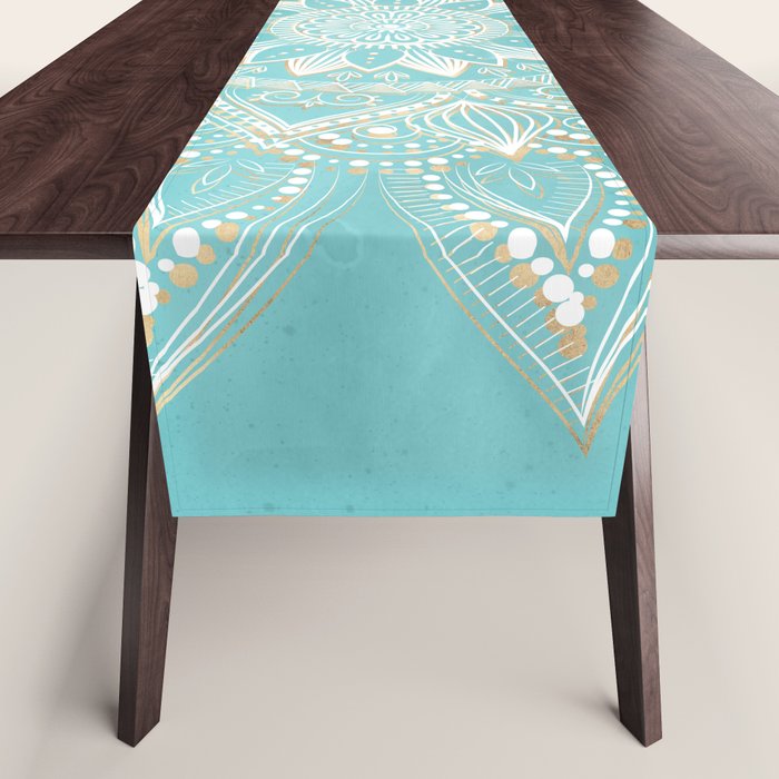 Elegant White Gold Mandala Sky Blue Table Runner Gallery Image 1