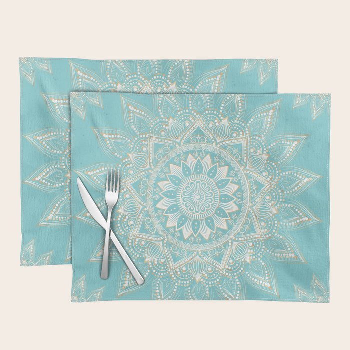 Elegant White Gold Mandala Sky Blue Placemat Gallery Image 1