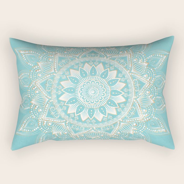 Elegant White Gold Mandala Sky Blue Rectangular Pillow Gallery Image 1