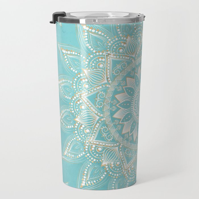 Elegant White Gold Mandala Sky Blue Travel Mug Gallery Image 3