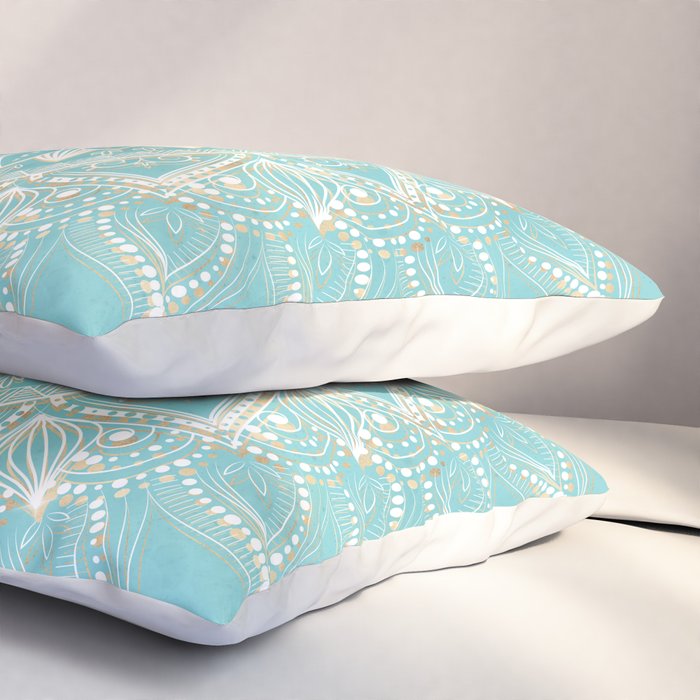 Elegant White Gold Mandala Sky Blue Pillow Sham Gallery Image 3