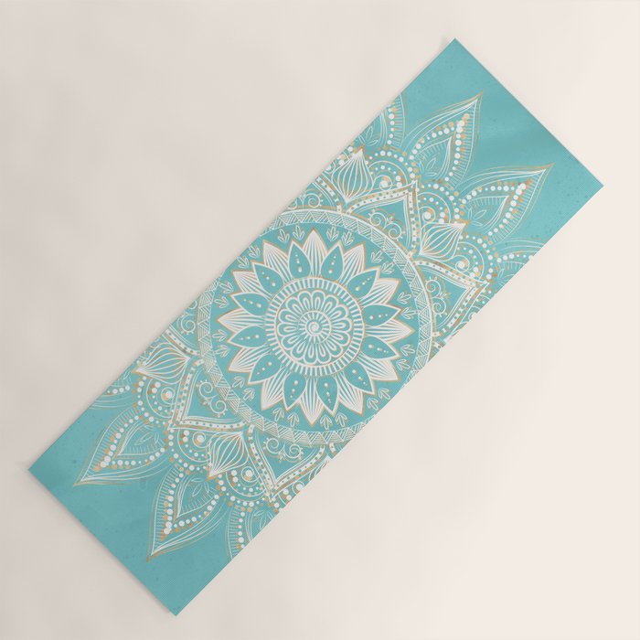 Elegant White Gold Mandala Sky Blue Yoga Mat Gallery Image 1