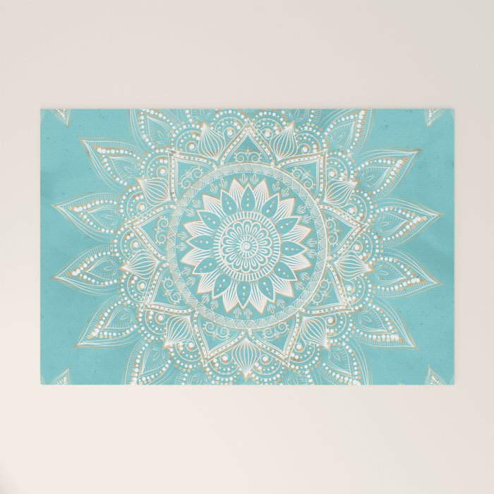 Elegant White Gold Mandala Sky Blue Welcome Mat Gallery Image 1