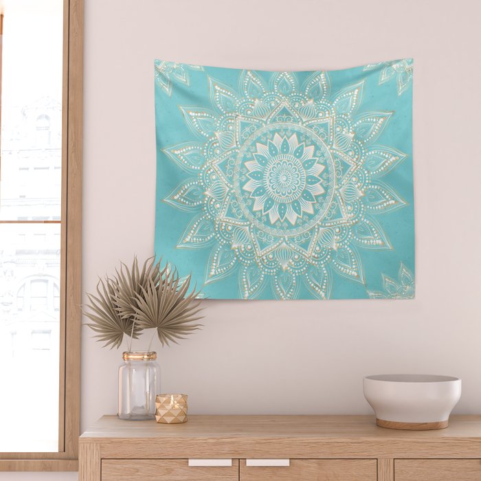Elegant White Gold Mandala Sky Blue Wall Tapestry Gallery Image 2