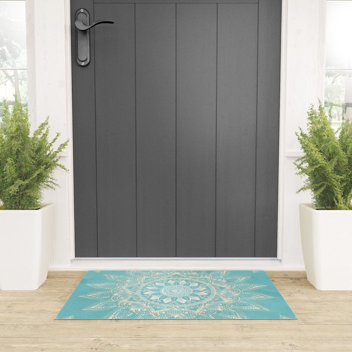 Elegant White Gold Mandala Sky Blue Welcome Mat Gallery Image 3