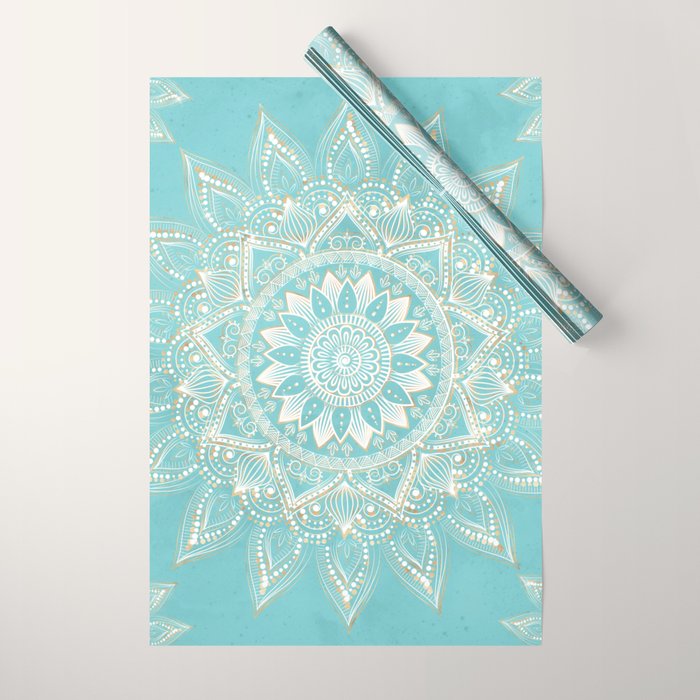 Elegant White Gold Mandala Sky Blue Wrapping Paper Gallery Image 1