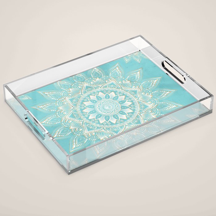 Elegant White Gold Mandala Sky Blue Acrylic Tray Gallery Image 1