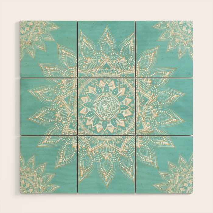 Elegant White Gold Mandala Sky Blue Wood Wall Art Gallery Image 1