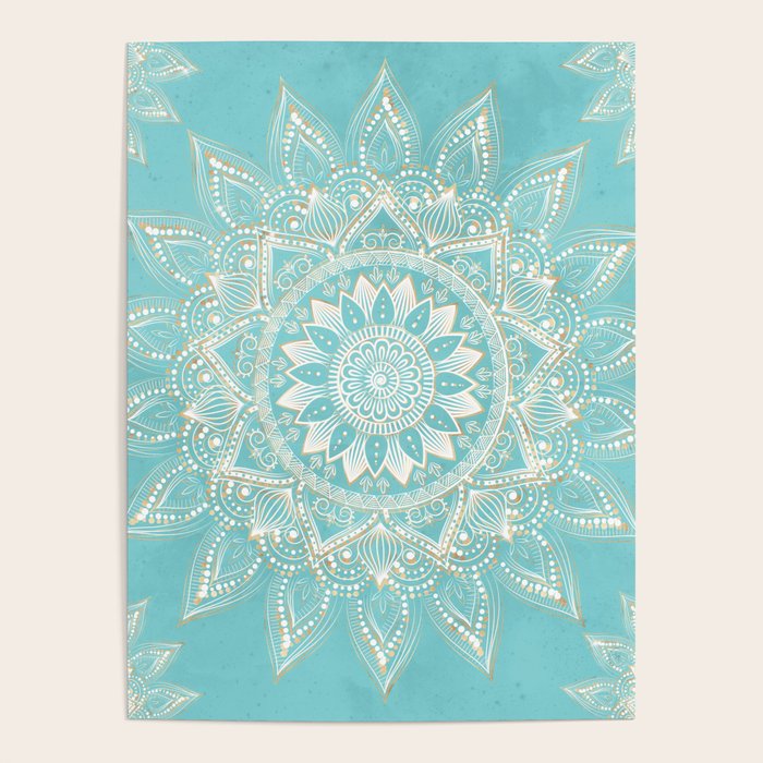 Elegant White Gold Mandala Sky Blue Poster Gallery Image 1