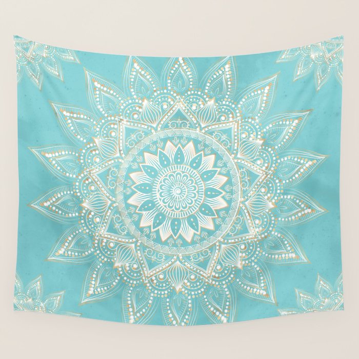 Elegant White Gold Mandala Sky Blue Wall Tapestry Gallery Image 4