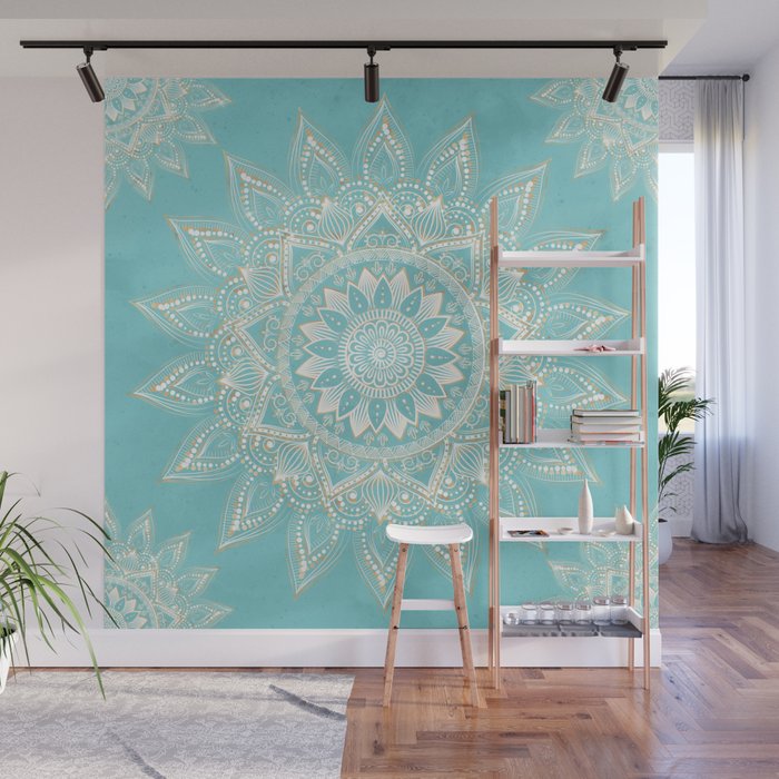 Elegant White Gold Mandala Sky Blue Wall Mural