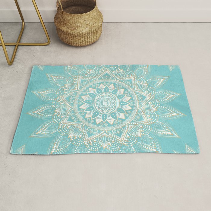 Elegant White Gold Mandala Sky Blue Rug Gallery Image 1